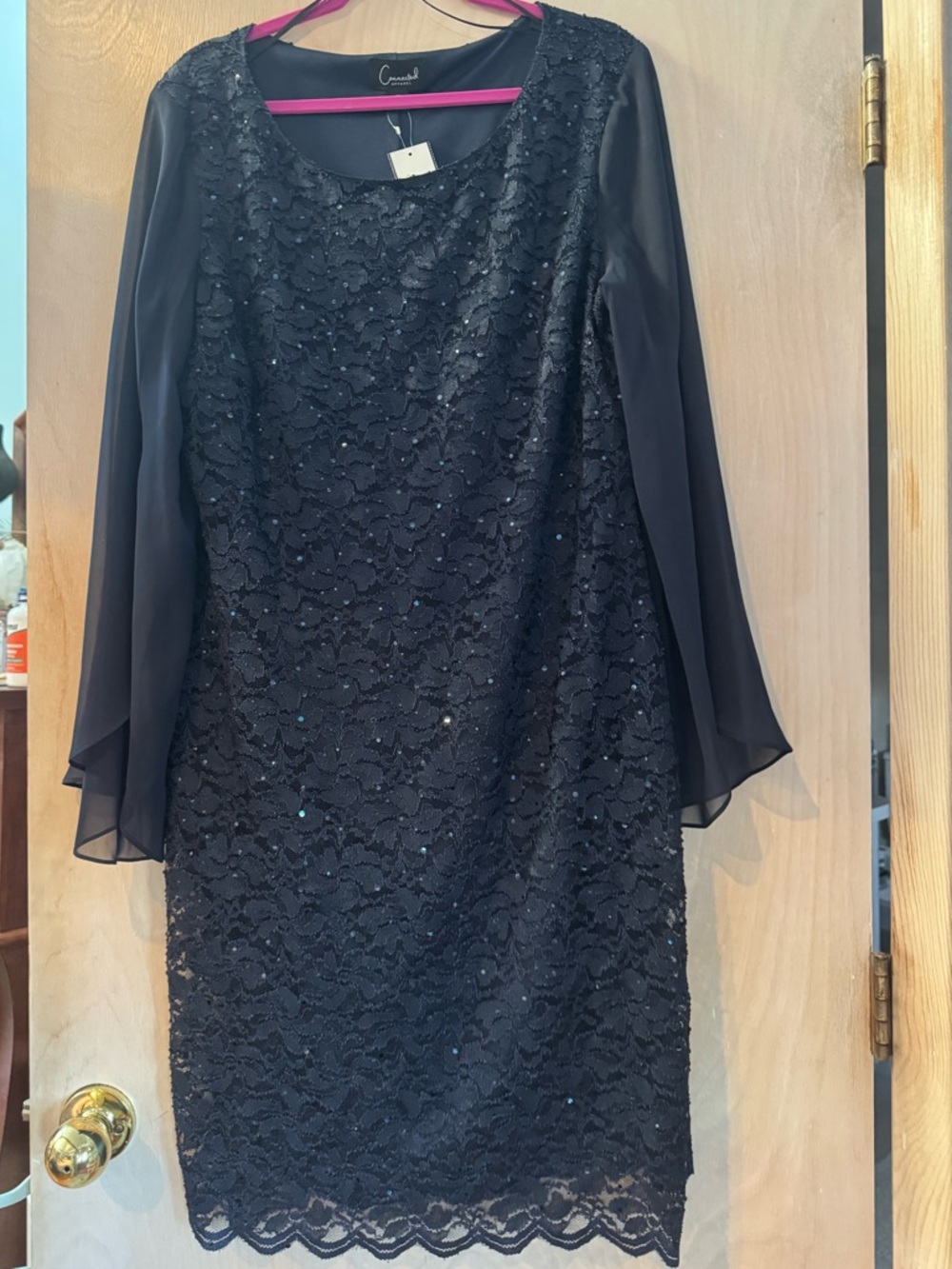 connected apparel Navy Blue Sequin Lace Long Sleeve Dress